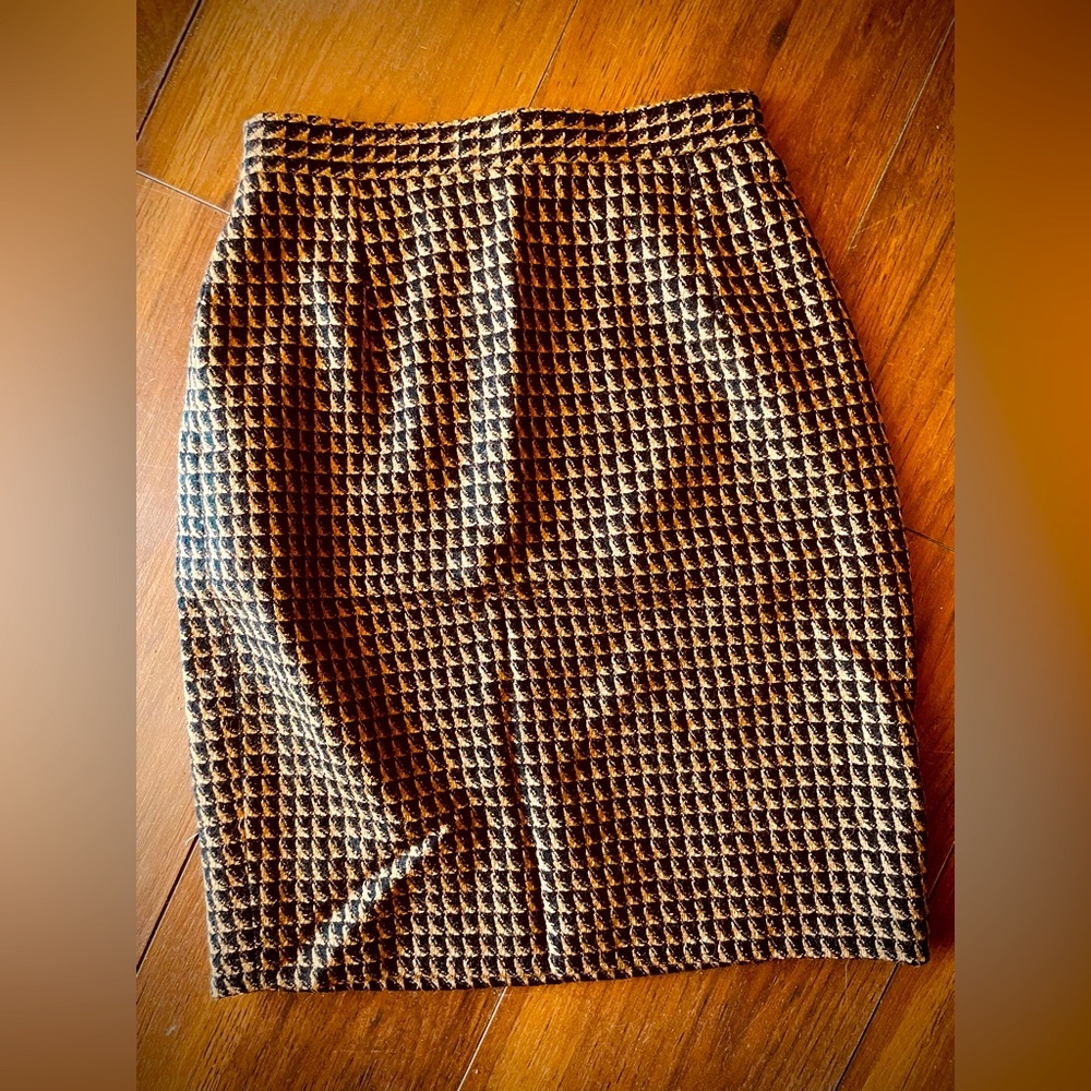 VTG Valentino Miss V Black/Cognac not Houndstooth Tweed Skirt Above Knee 38 sz 4
